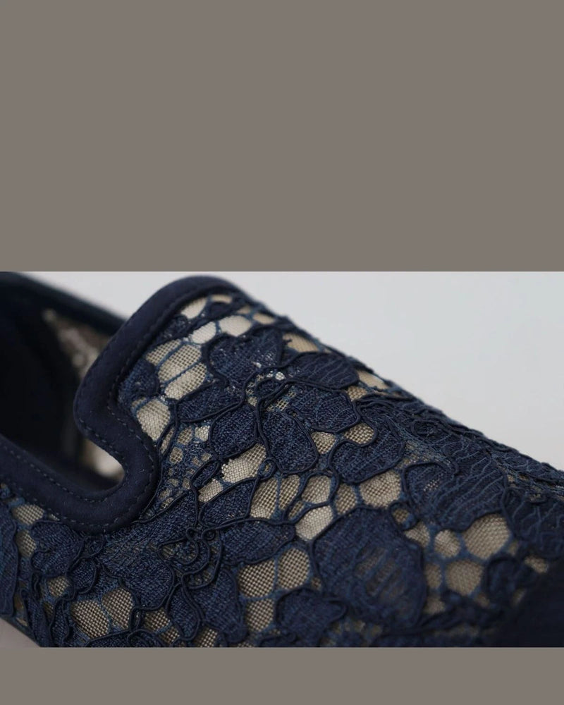 Dolce & Gabbana Blue Lace Floral Slip Ons Loafers Flats
