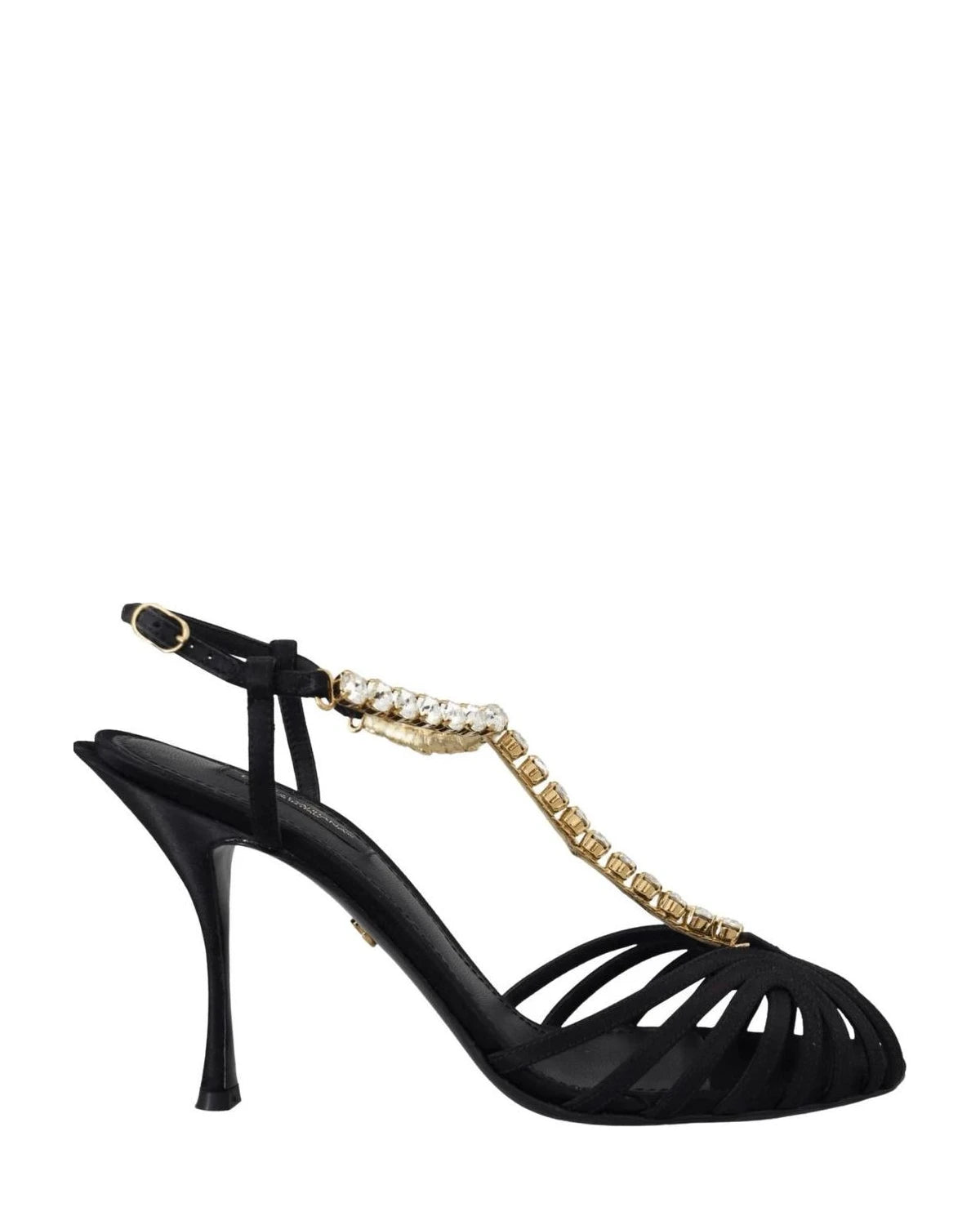 Dolce & Gabbana Black Satin Clear Crystal T Strap Sandals Heels
