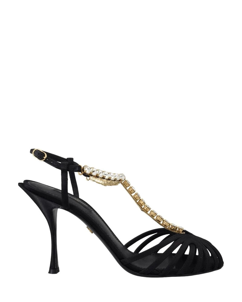 Dolce & Gabbana Black Satin Clear Crystal T Strap Sandals Heels