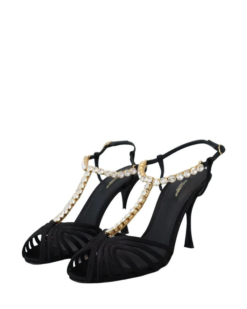 Dolce & Gabbana Black Satin Clear Crystal T Strap Sandals Heels