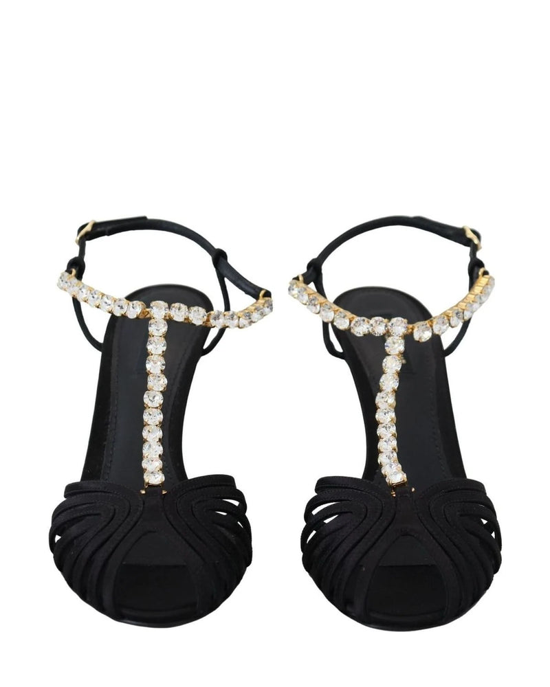 Dolce & Gabbana Black Satin Clear Crystal T Strap Sandals Heels