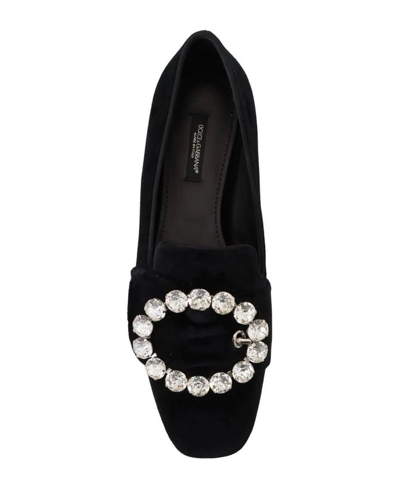 Dolce & Gabbana Black Velvet Crystals Loafers Flats