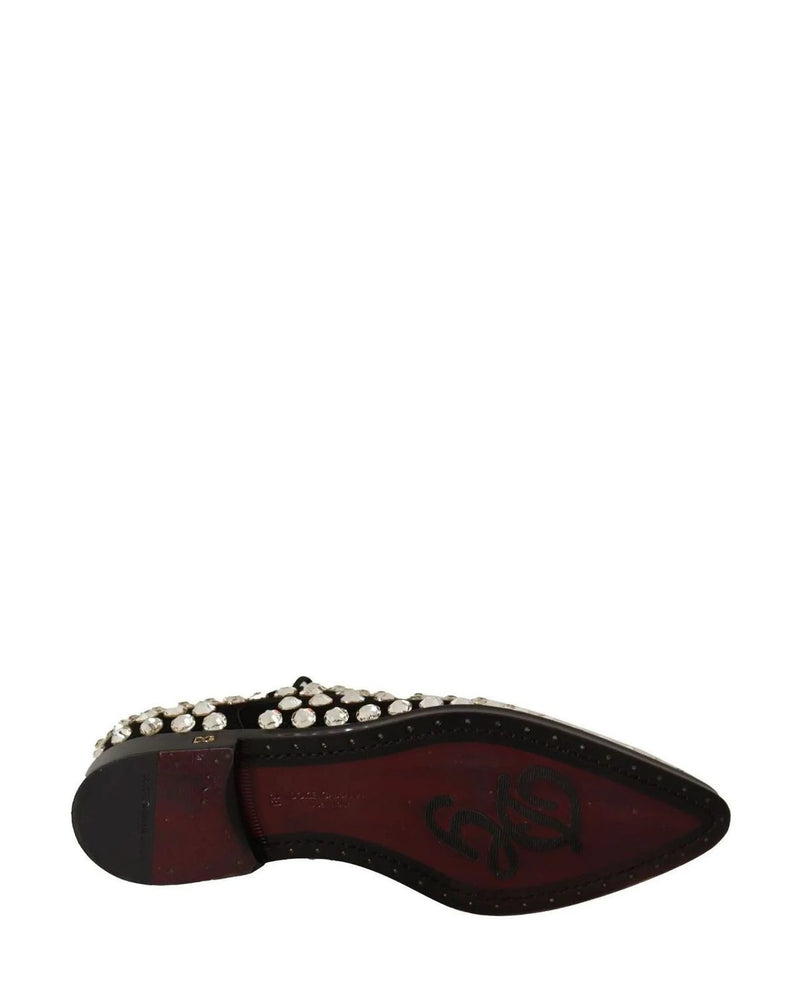 Dolce & Gabbana Black Leather Crystals Lace Up Formal Shoes Flats
