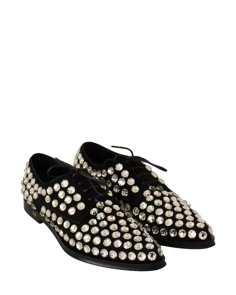 Dolce & Gabbana Black Leather Crystals Lace Up Formal Shoes Flats