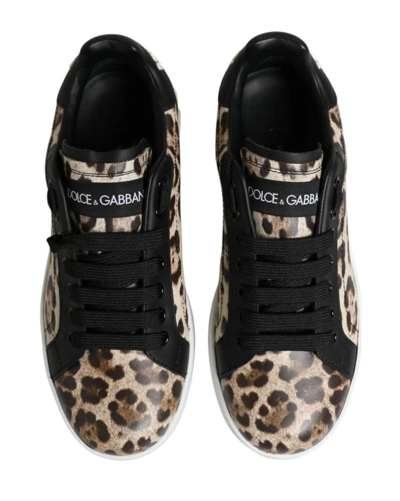 Dolce & Gabbana Brown Leather Leopard Low Top Sneakers Shoes Sneakers