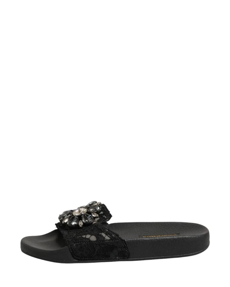 Dolce & Gabbana Black Leather Devotion Matelassé Slides Shoes Sandals