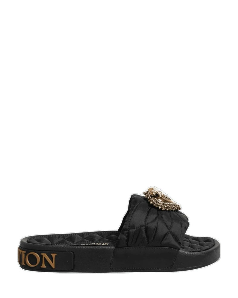 Dolce & Gabbana Black Leather Devotion Matelassé Slides Shoes Sandals