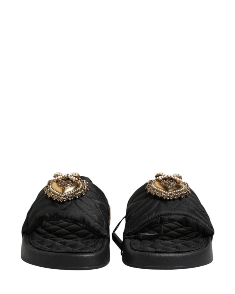 Dolce & Gabbana Black Leather Devotion Matelassé Slides Shoes Sandals
