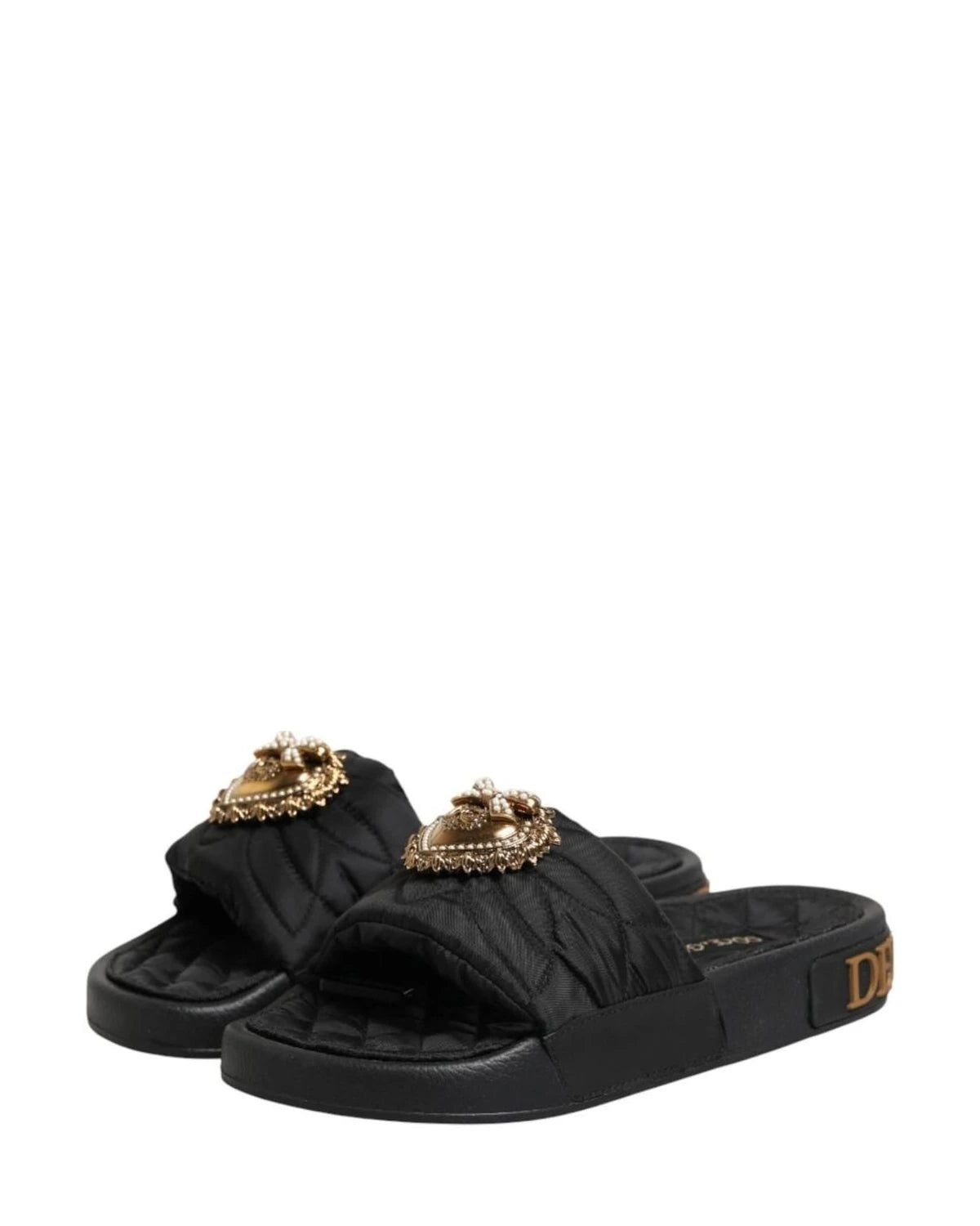 Dolce & Gabbana Black Leather Devotion Matelassé Slides Shoes Sandals