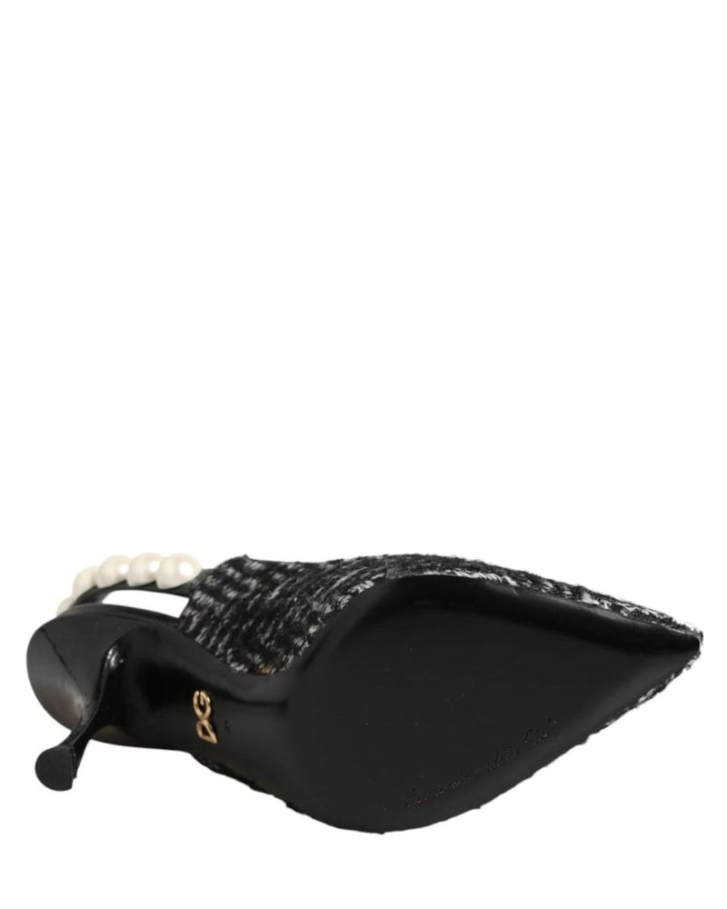 Dolce & Gabbana Black White Chevron Faux Pearl Slingbacks Shoes Heels