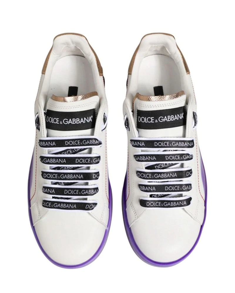 Dolce & Gabbana White Leather Purple Low Top Sneaker Shoes Sneakers