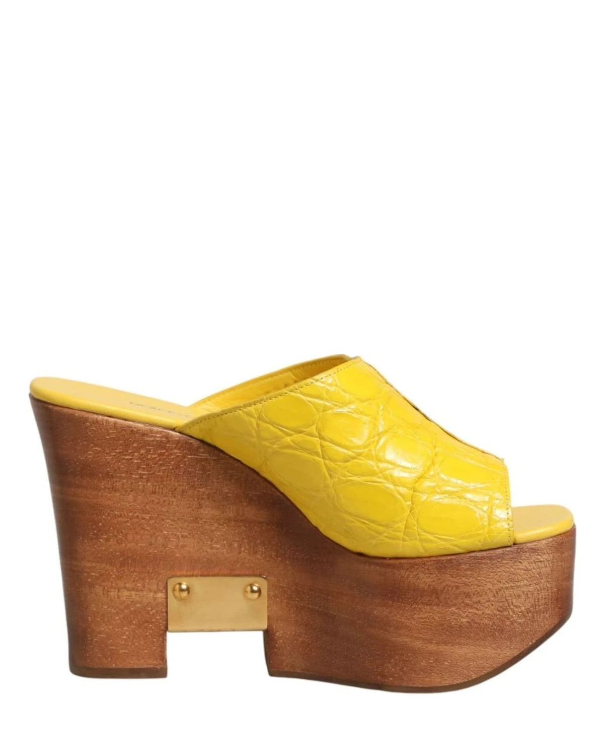 Dolce & Gabbana Yellow Leather Wood Mule Wedge Slides Shoes Sandals