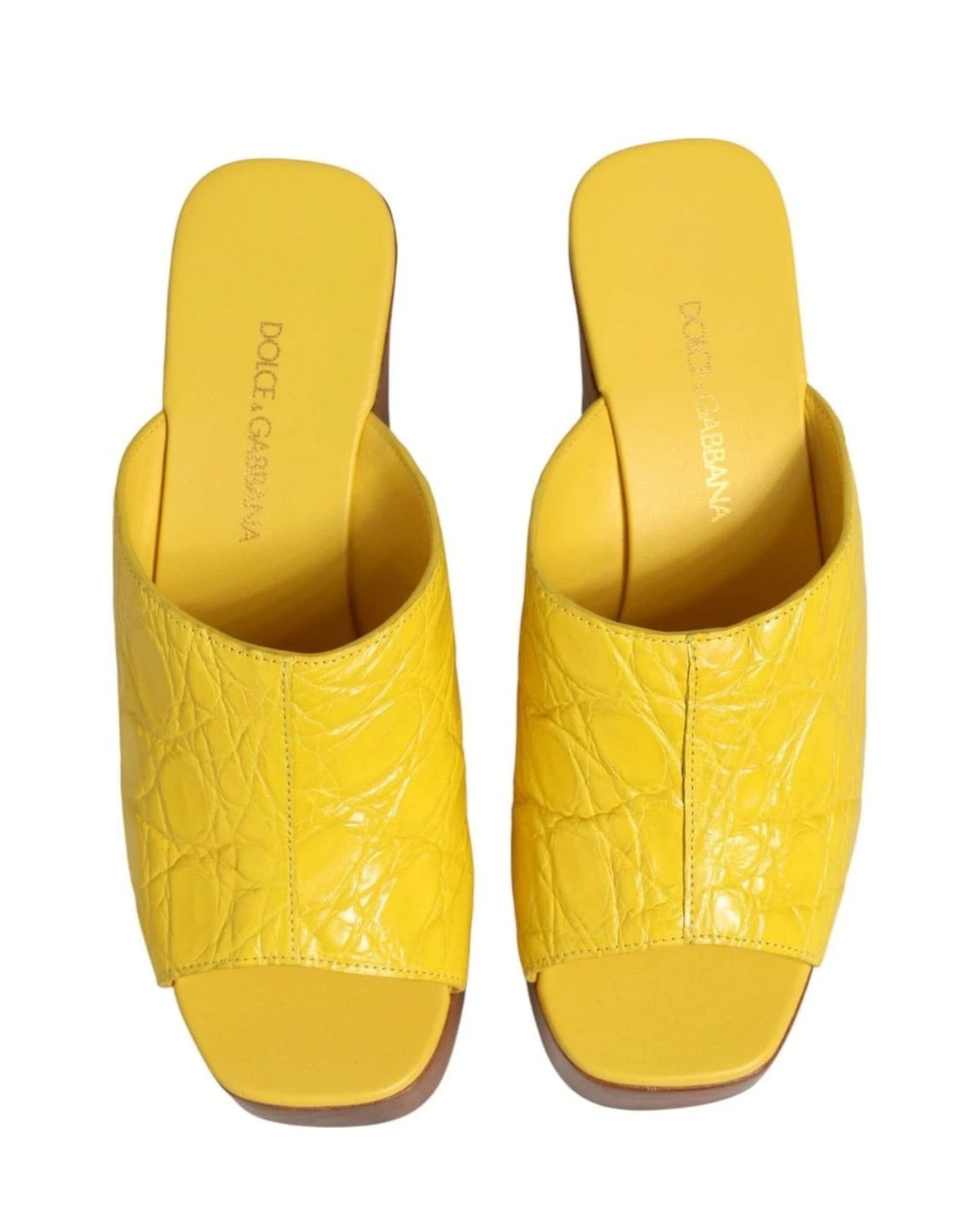 Dolce & Gabbana Yellow Leather Wood Mule Wedge Slides Shoes Sandals