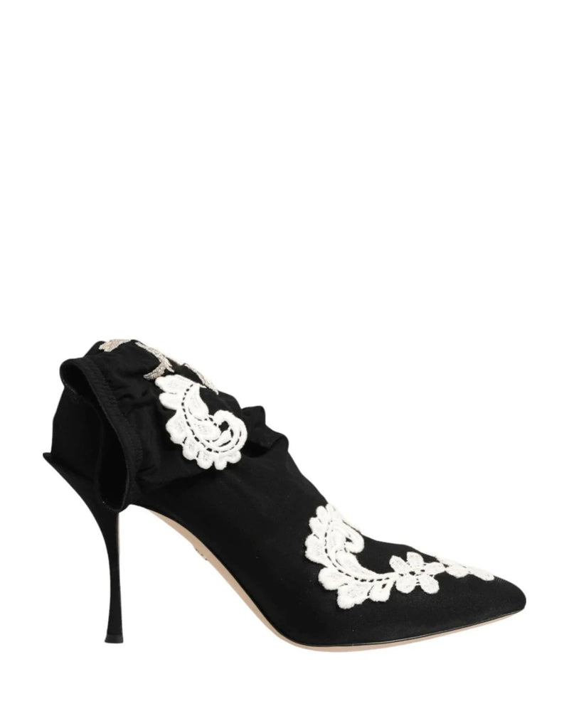 Dolce & Gabbana Black Jersey White Embroidered Stiletto Boots Shoes Boots
