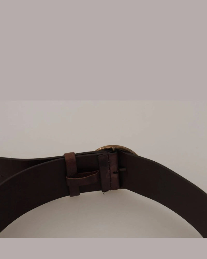 Dolce & Gabbana Dark Brown Leather Wide Calf Logo Round Buckle Belt Belts