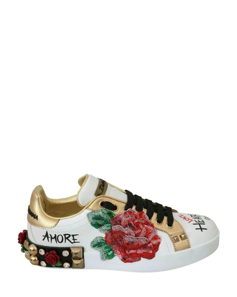 Dolce & Gabbana White Roses Sequined Crystal Sneakers Sneakers