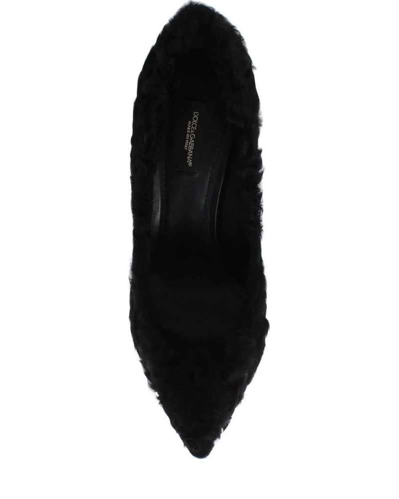 Dolce & Gabbana Black Leather Xiangao Lamb Fur Pumps Heels