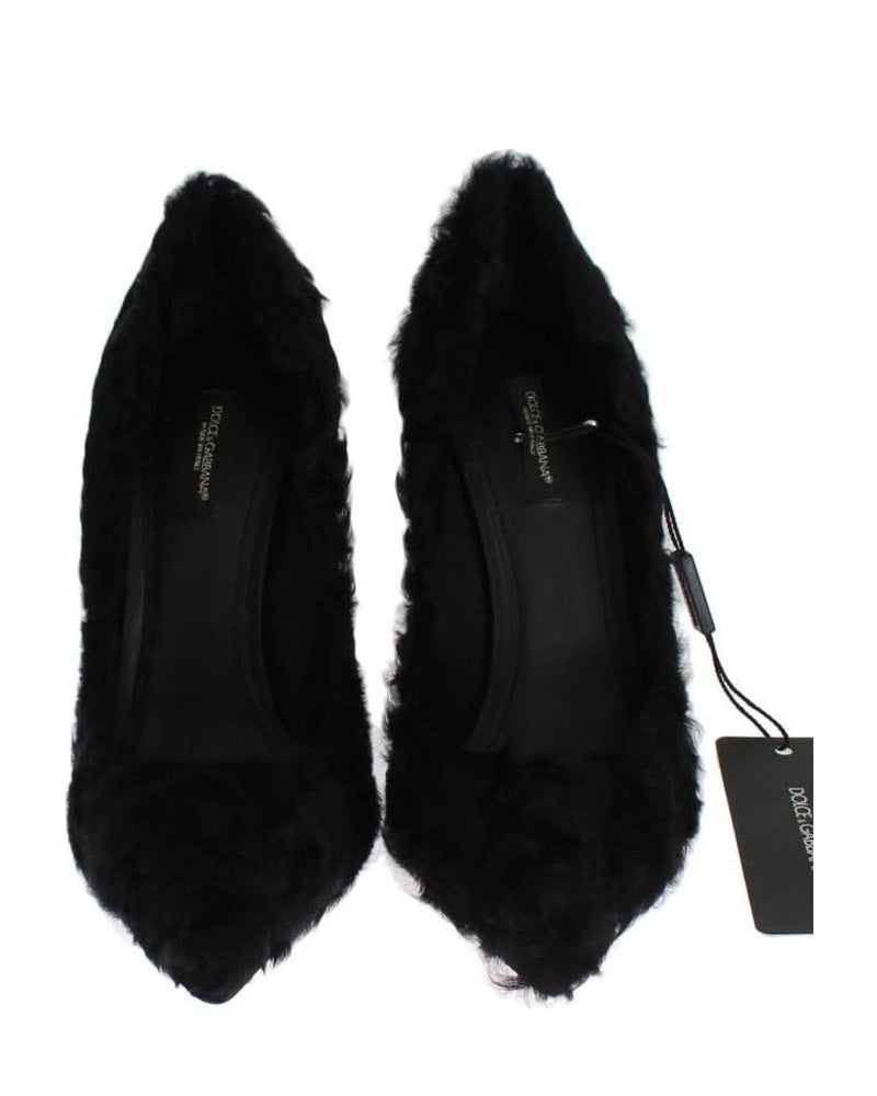 Dolce & Gabbana Black Leather Xiangao Lamb Fur Pumps Heels