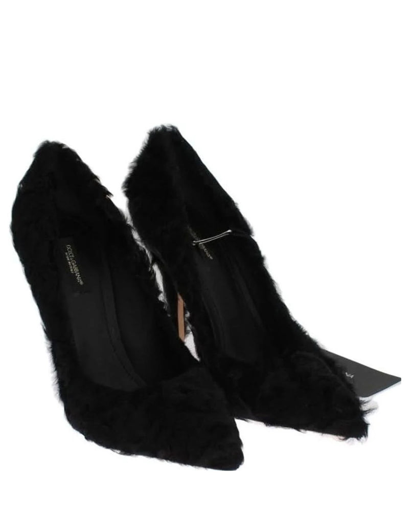 Dolce & Gabbana Black Leather Xiangao Lamb Fur Pumps Heels