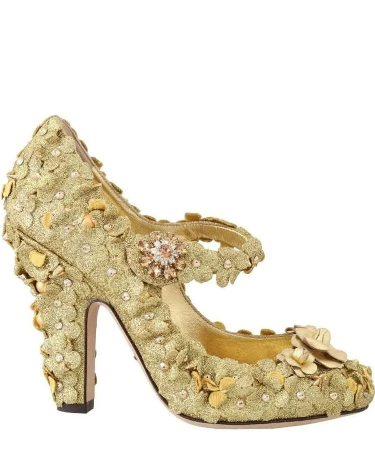 Dolce & Gabbana Gold Floral Crystal Mary Janes Pumps Heels