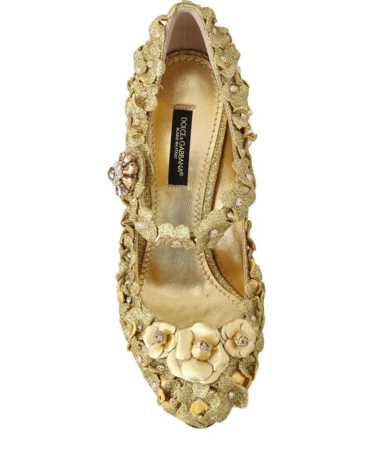 Dolce & Gabbana Gold Floral Crystal Mary Janes Pumps Heels