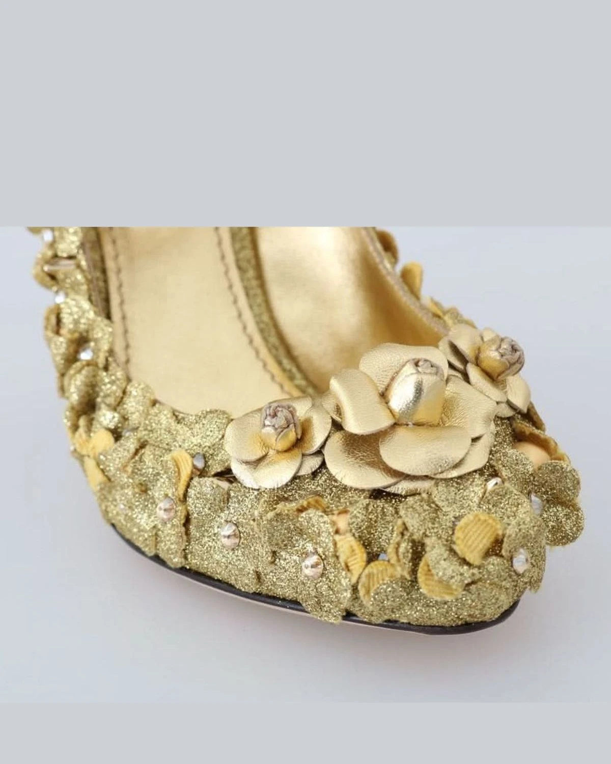 Dolce & Gabbana Gold Floral Crystal Mary Janes Pumps Heels