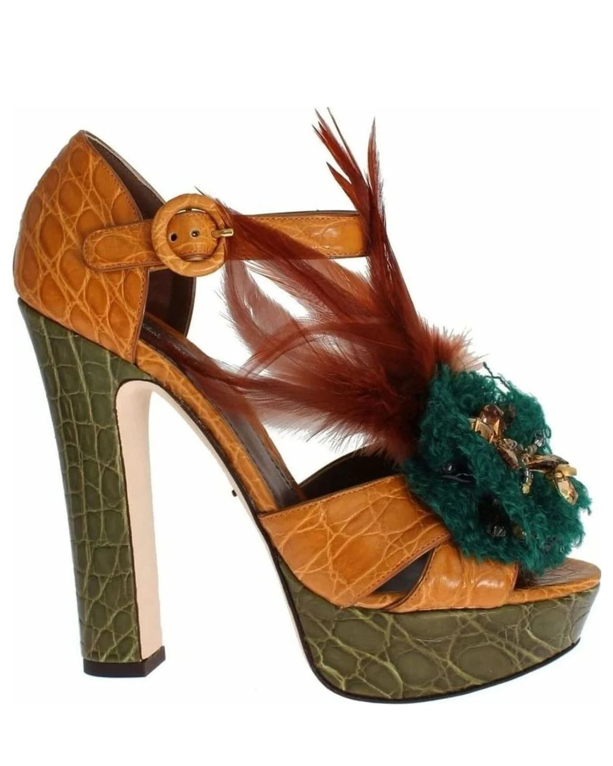 Dolce & Gabbana Orange Leather Crystal Platform Sandals Heels