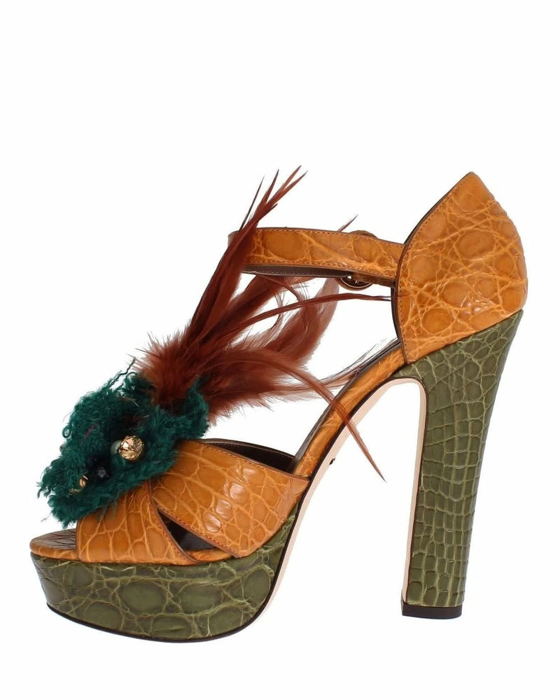 Dolce & Gabbana Orange Leather Crystal Platform Sandals Heels