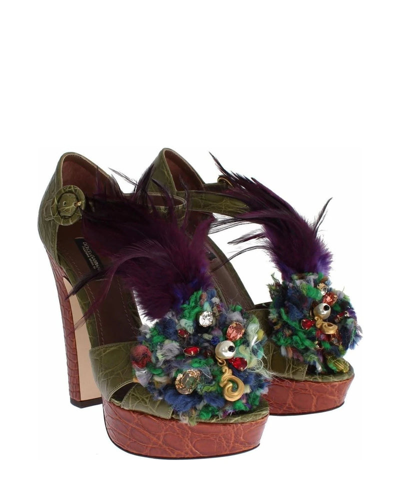 Dolce & Gabbana Green Leather Crystal Platform Sandals Heels