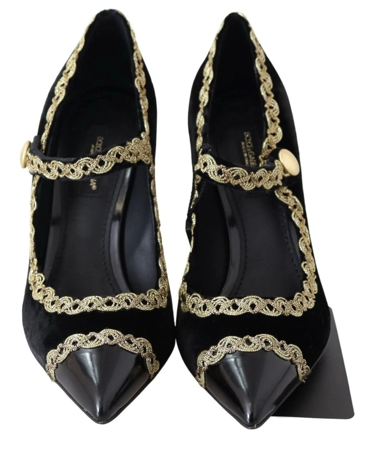 Dolce & Gabbana Black Velvet Gold Mary Janes Pumps Heels