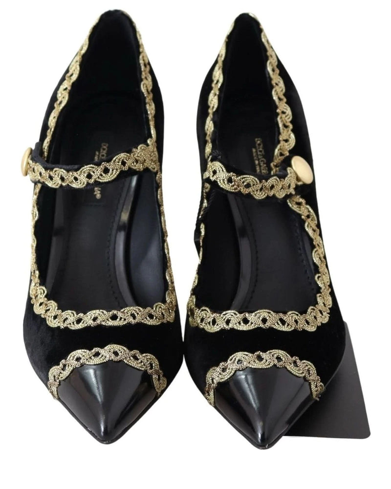 Dolce & Gabbana Black Velvet Gold Mary Janes Pumps Heels