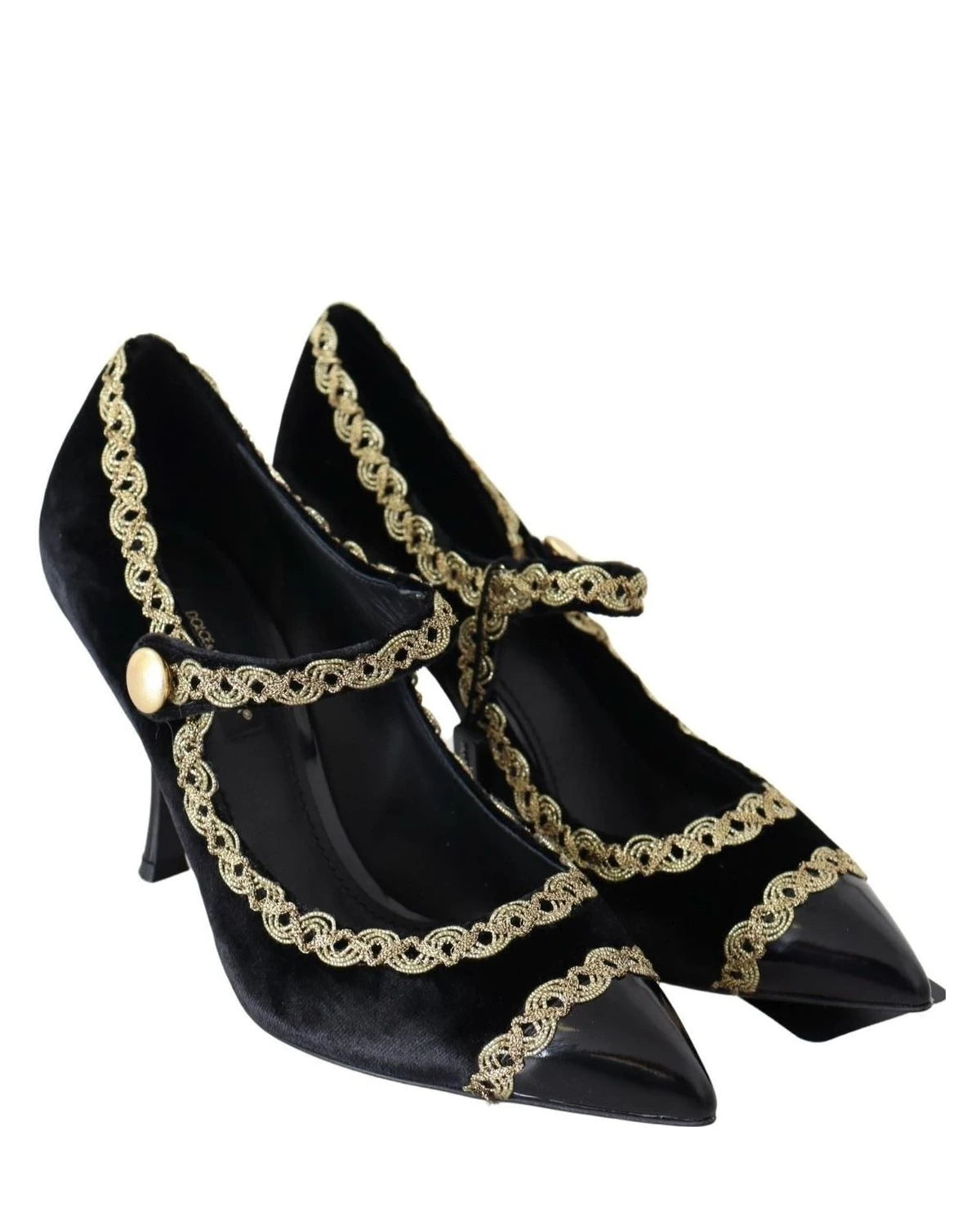 Dolce & Gabbana Black Velvet Gold Mary Janes Pumps Heels