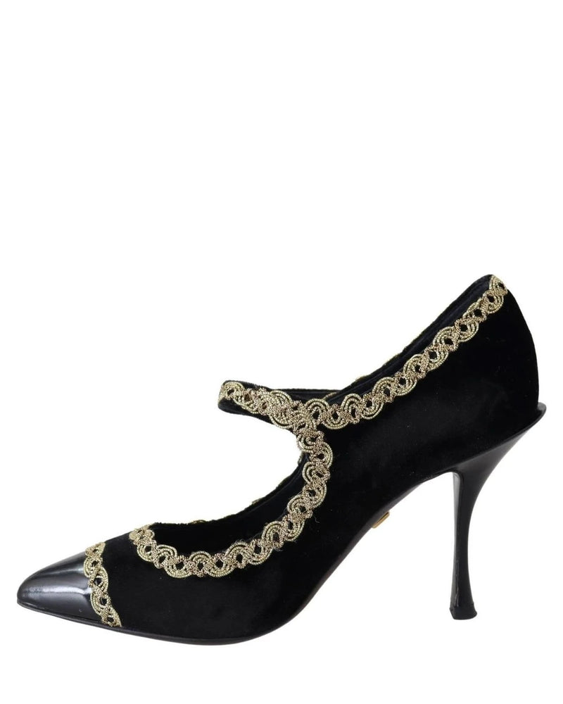 Dolce & Gabbana Black Velvet Gold Mary Janes Pumps Heels
