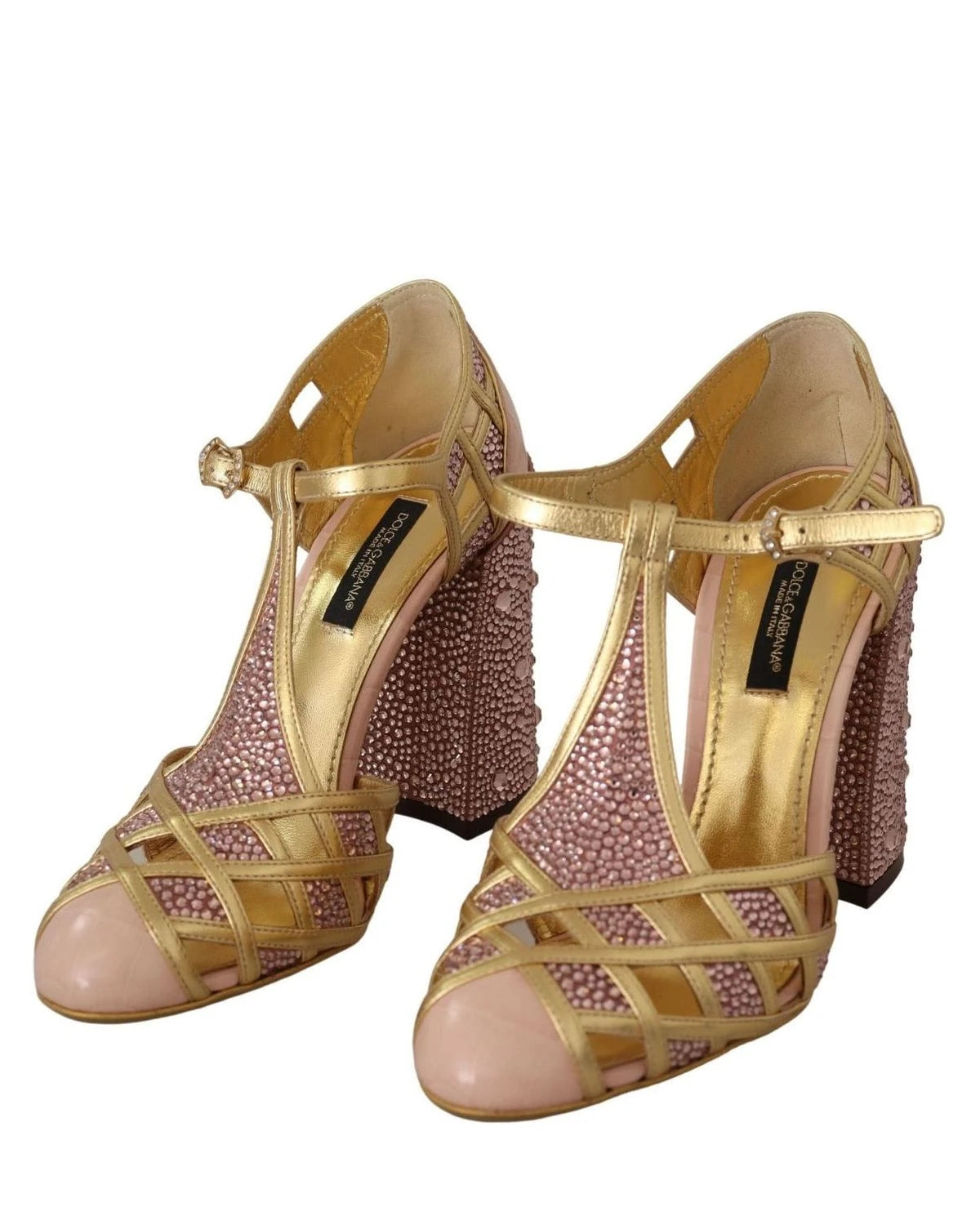 Dolce & Gabbana Pink Leather Gold Crystal Pumps T Strap Shoes Heels
