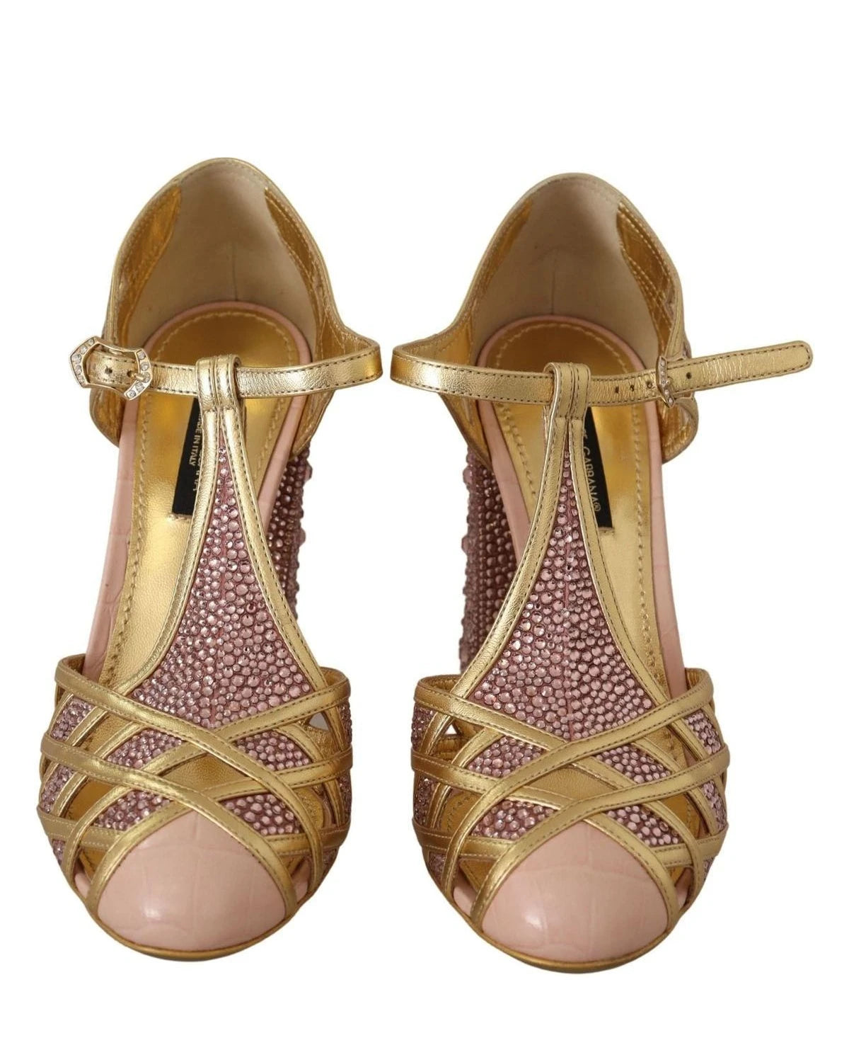 Dolce & Gabbana Pink Leather Gold Crystal Pumps T Strap Shoes Heels