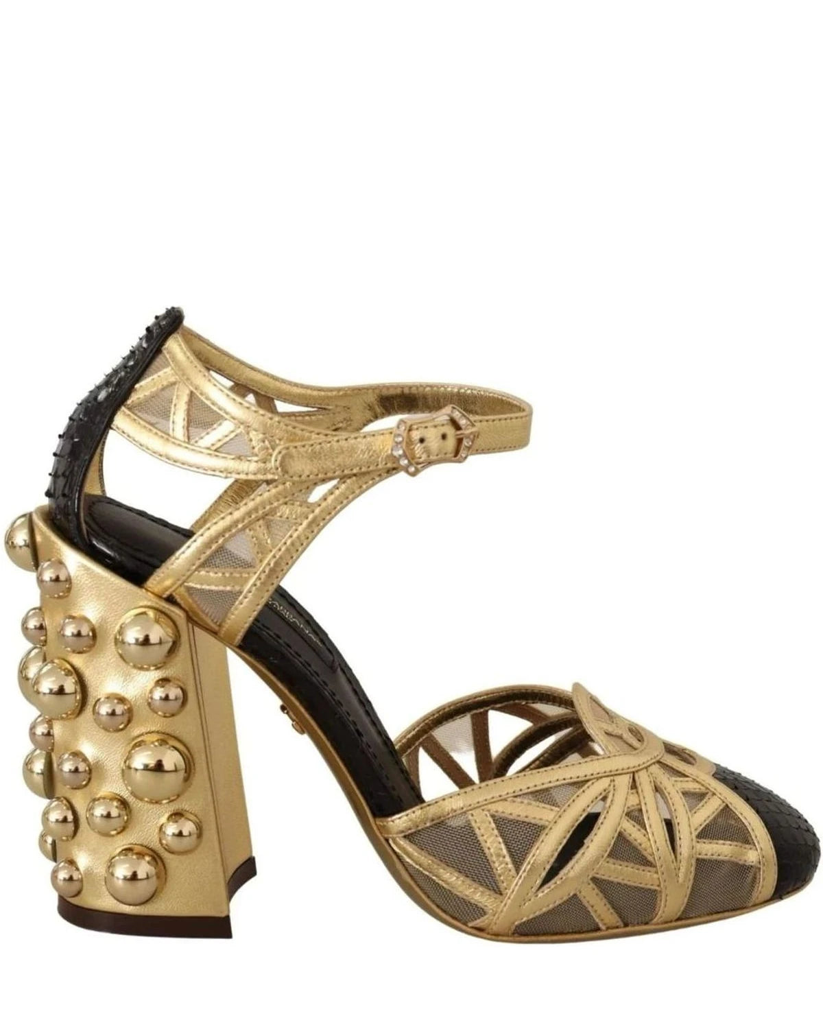 Dolce & Gabbana Gold Leather Studded Ankle Straps Shoes Heels