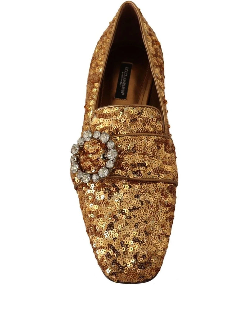Dolce & Gabbana Gold Sequin Crystal Flat Loafers Shoes Flats