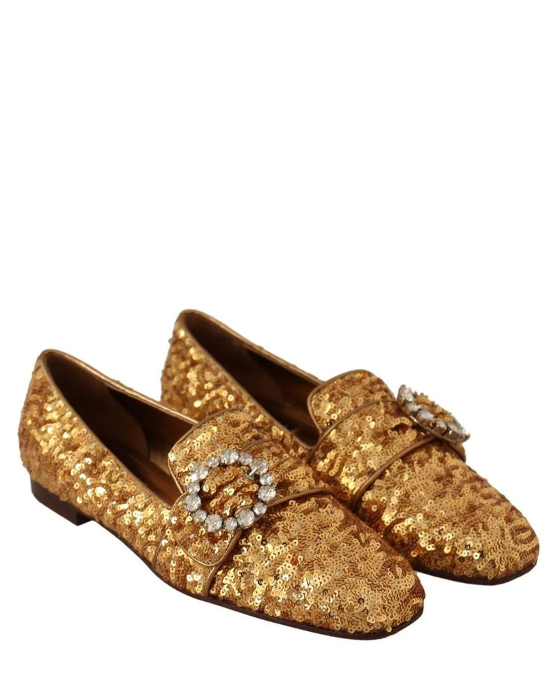 Dolce & Gabbana Gold Sequin Crystal Flat Loafers Shoes Flats