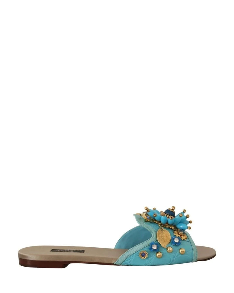 Dolce & Gabbana Blue Leather Crystal Exotic Sandals Flats