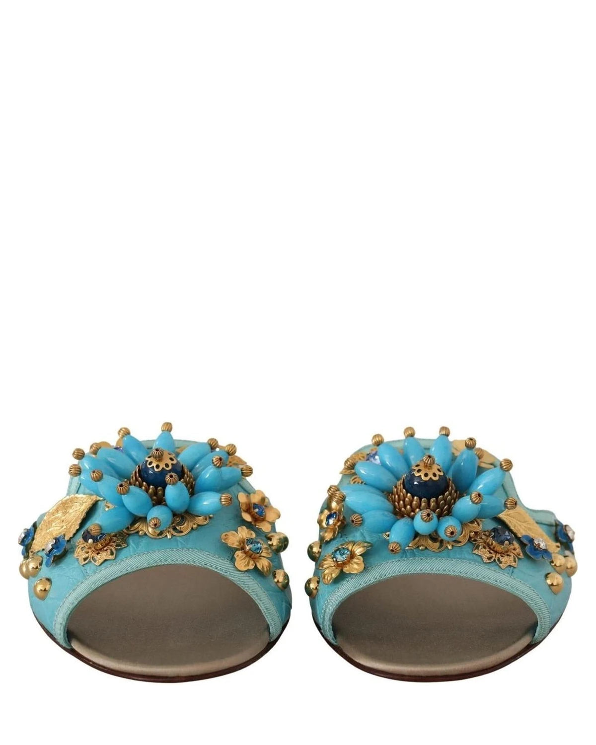 Dolce & Gabbana Blue Leather Crystal Exotic Sandals Flats