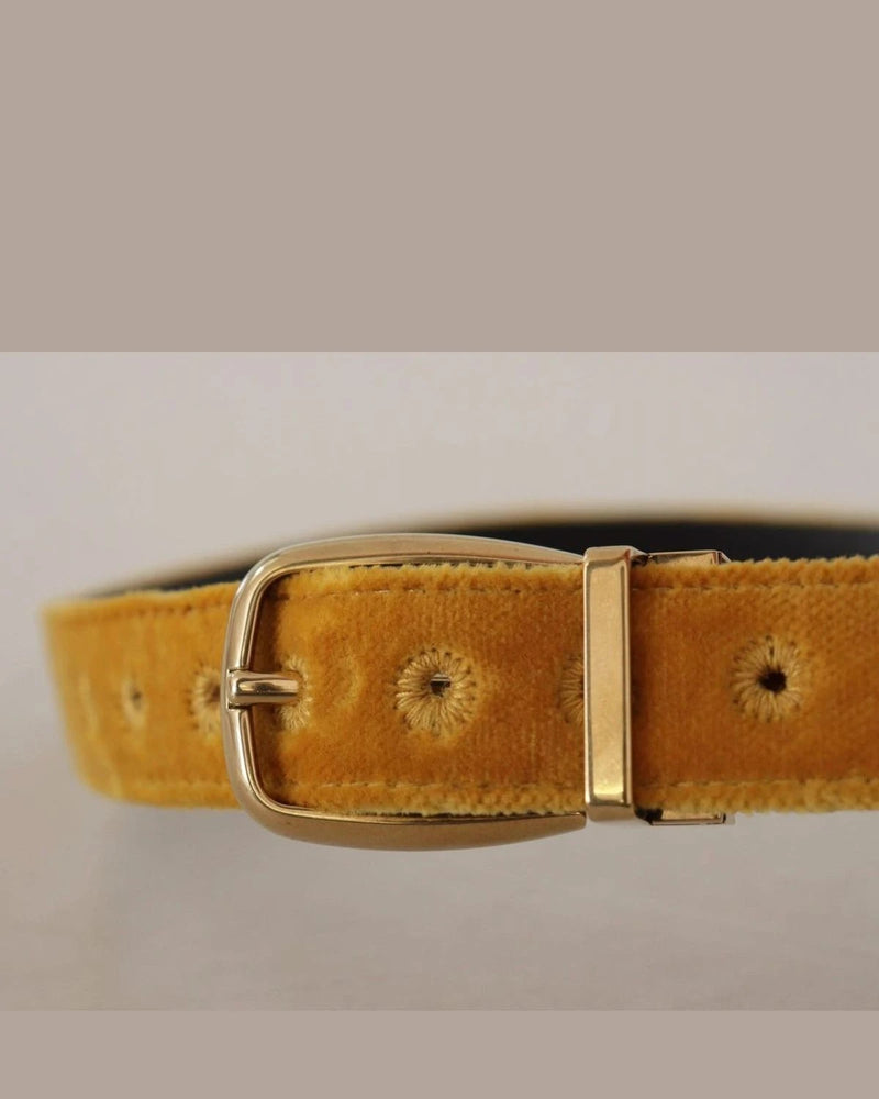 Dolce & Gabbana Gold Velvet Mustard Logo Engraved Metal Buckle Belt Belts