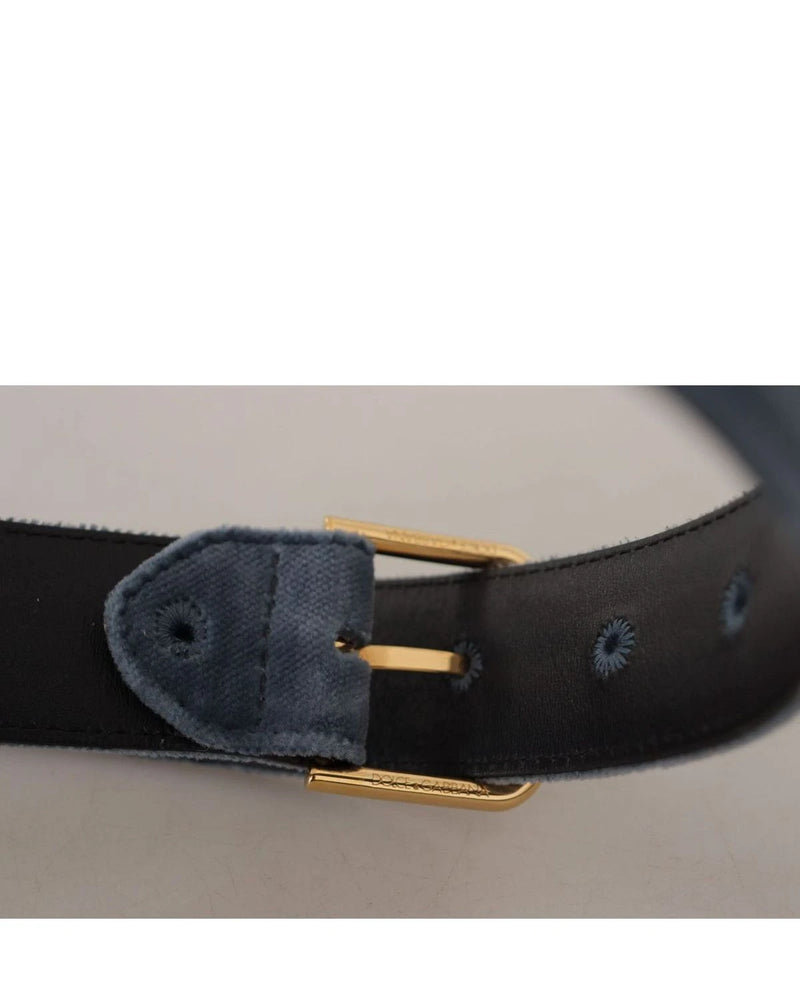 Dolce & Gabbana Blue Velvet Navy Gold Metal Logo Waist Buckle Belt Belts