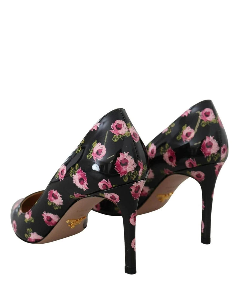 Prada Black Leather Floral Heels Stilettos Pumps Heels