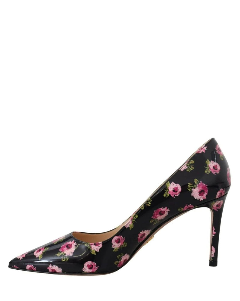 Prada Black Leather Floral Heels Stilettos Pumps Heels