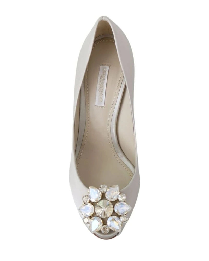 Dolce & Gabbana White Satin Crystals Peep Toe Heels Heels