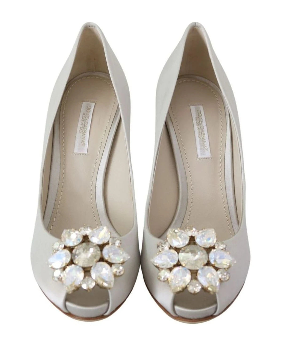 Dolce & Gabbana White Satin Crystals Peep Toe Heels Heels
