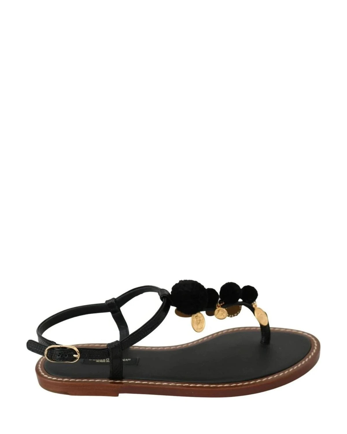 Dolce & Gabbana Black Leather Coins Flip Flops Sandals Shoes Sandals