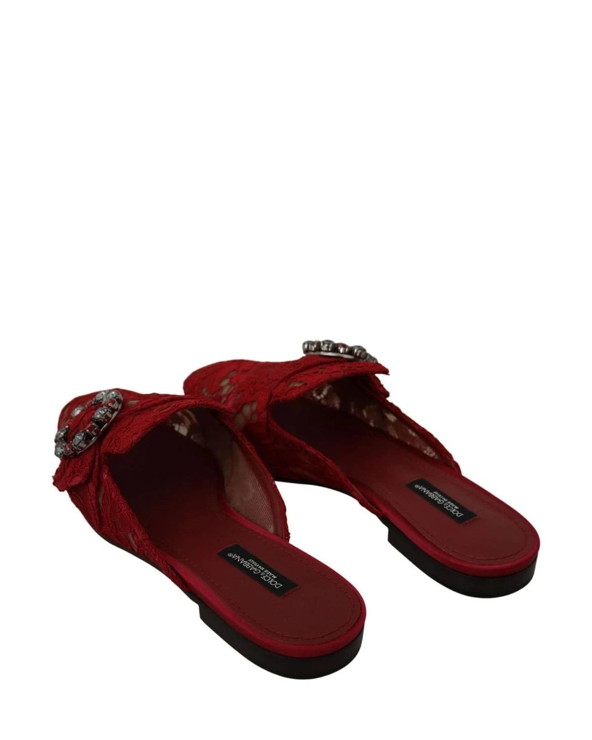 Dolce & Gabbana Red Lace Crystal Slide On Flats Shoes Flats