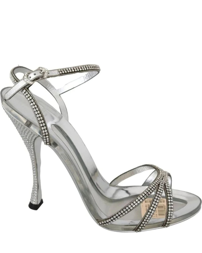 Dolce & Gabbana Silver Crystal Ankle Strap Sandals Shoes Heels