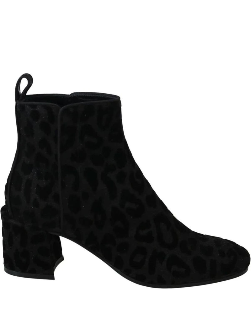 Dolce & Gabbana Black Leopard Short Boots Zipper Shoes Boots